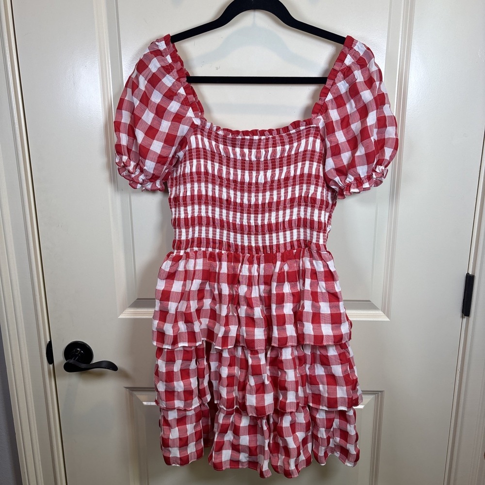 English Factory |Tuckernuck Gingham Puff Sleeve Tiered Dress Medium Tomato Girl